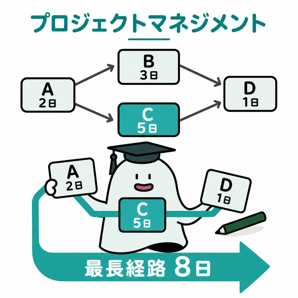 エルくんが説明する図解。A2日からB3日/C5日に分岐しD1日に合流、8日の最長経路を強調。