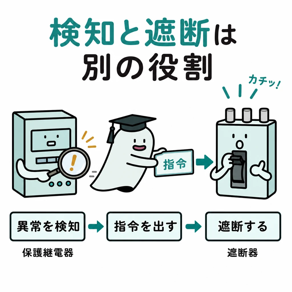 検知と遮断は別の役割。左に異常を見つける保護継電器、中央に指令矢印、右に開く遮断器。