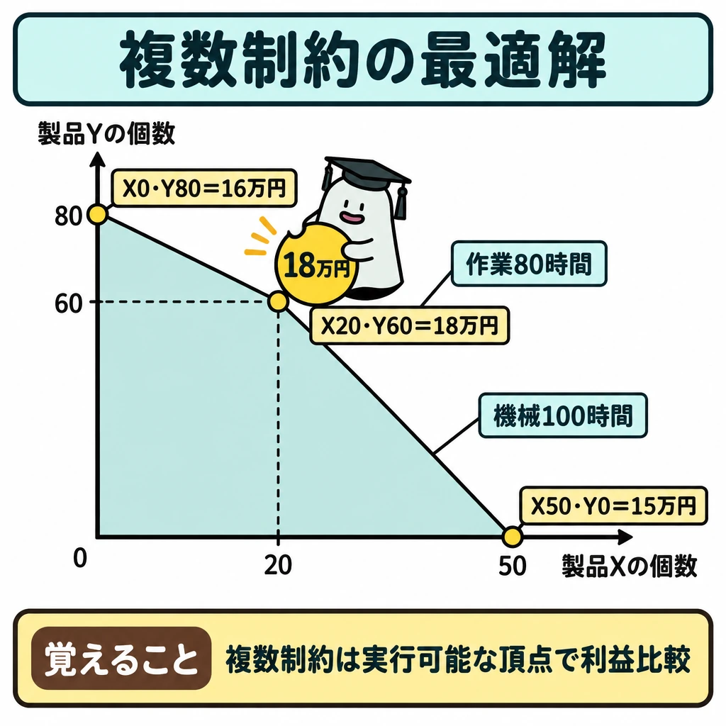 典型論点の判断基準の図解。横軸を製品Xの個数、縦軸を製品Yの個数とし、機械100時間・作業80時間の制約線で囲まれた実行可能領域を描く。領域の3頂点(X50・Y0、X0・Y80、X20・Y60)に限界利益合計を添え、18万円の頂点を強調する。