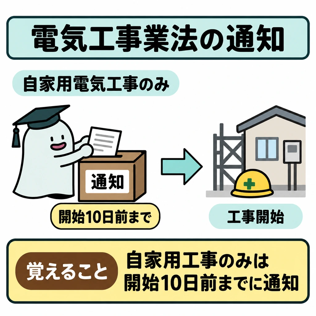電気工事業法と手続きの図解。自家用電気工事のみを行う事業者の手続きを、左から右へ進む時間軸で示す。左に通知を入れる箱、右に工事開始を置き、通知は「開始10日前まで」と明記する。