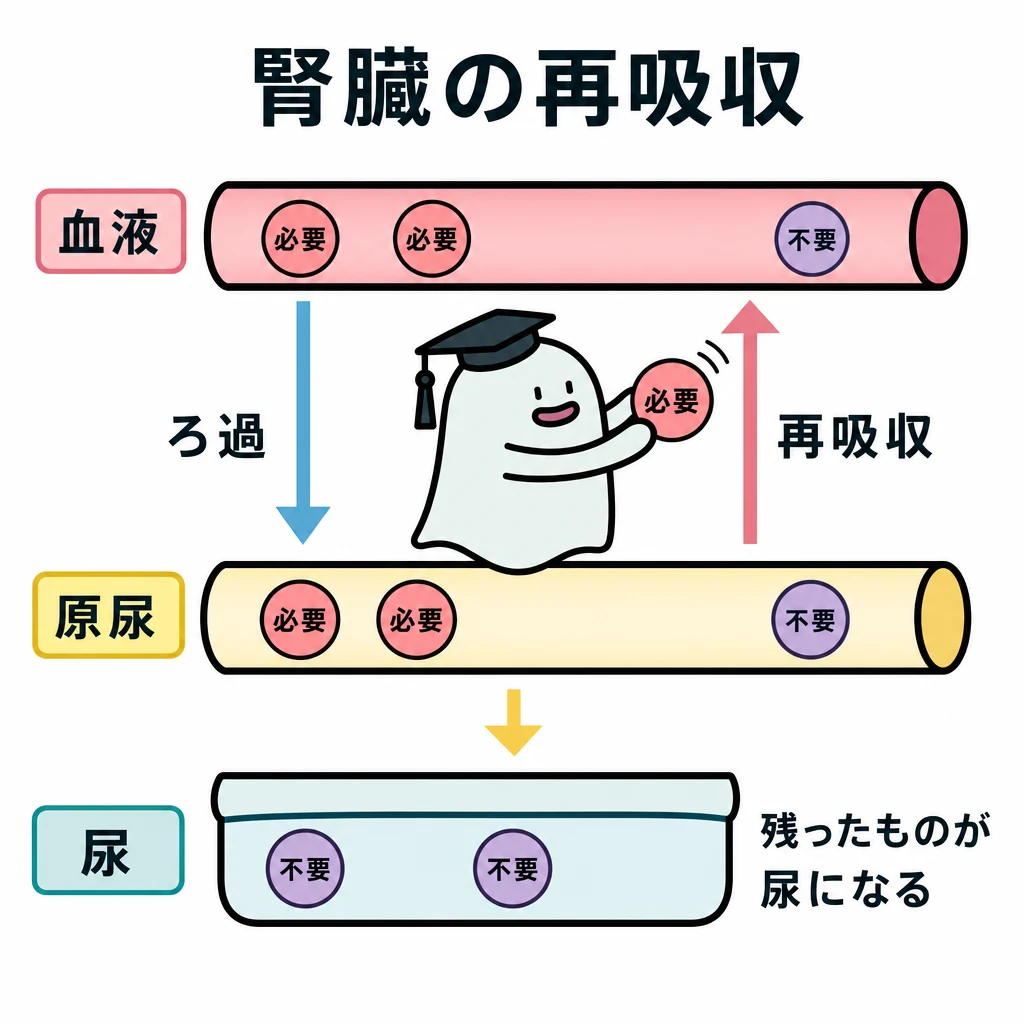 エルくんが説明する図解。血液から原尿へのろ過と、原尿から血液へ戻る再吸収、残りが尿となる関係を示す模式図。