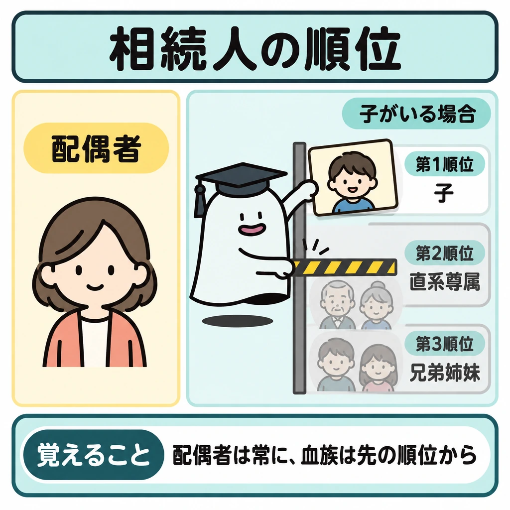 相続人の順位と法定相続分の図解。画面を左右に仕切り、左に常に相続人となる配偶者、右に血族の第1〜第3順位を上から並べる。子がいる場合として、第1順位から後の順位へ進む道を仕切りで止め、後順位は相続人にならないことを示す。