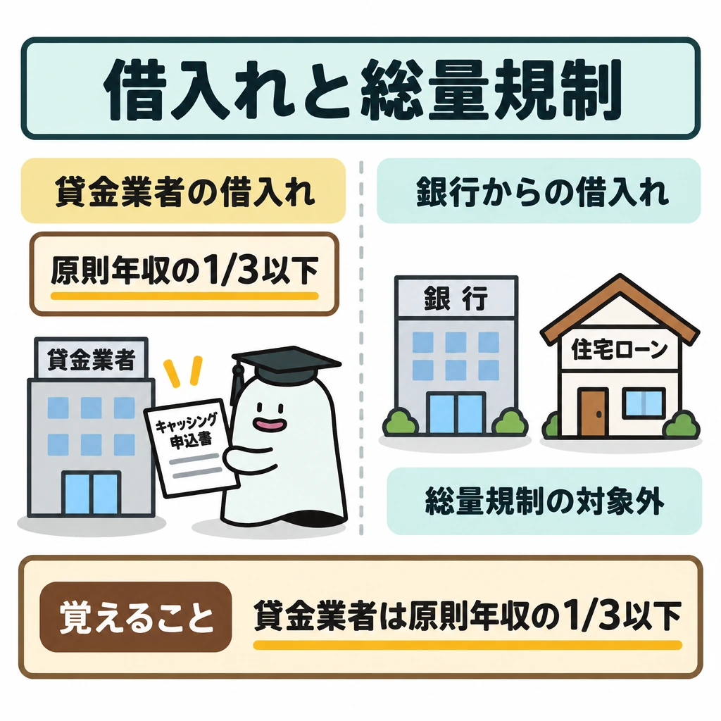 フラット35と借入れの規制の図解。中央の縦線で左右を分け、左に貸金業者からの個人の借入れと「原則年収の1/3以下」という上限を配置する。右に銀行からの借入れと住宅ローンを並べ、どちらも総量規制の対象外と示す。