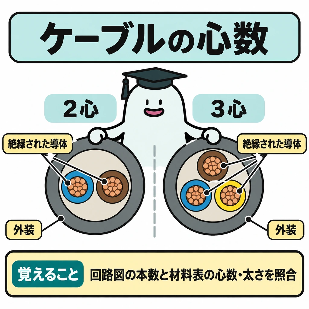 基本の仕組みの図解。中央の仕切りを挟み、左に2心、右に3心のケーブル断面を同じ大きさで配置する。外装の内側にある絶縁された導体をそれぞれ2本・3本描き、本数の違いが一目で分かるようにする。