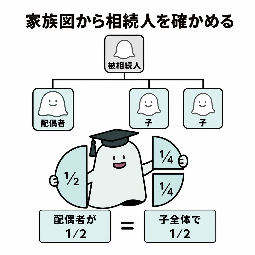 配偶者と子2人が相続人の場合、配偶者2分の1、子は各4分の1となる円グラフ