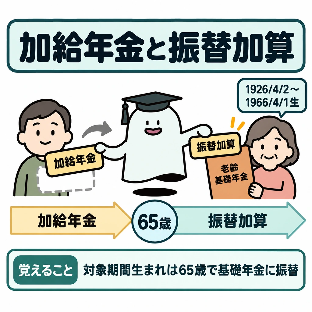 加給年金と振替加算の図解。中央の「65歳」を境に、左の加給年金が終わり、右の配偶者の老齢基礎年金に振替加算が付く流れを矢印で示す。振替加算の対象となる生年月日は、右側に「1926/4/2〜」「1966/4/1生」の2つを続けて表示する。