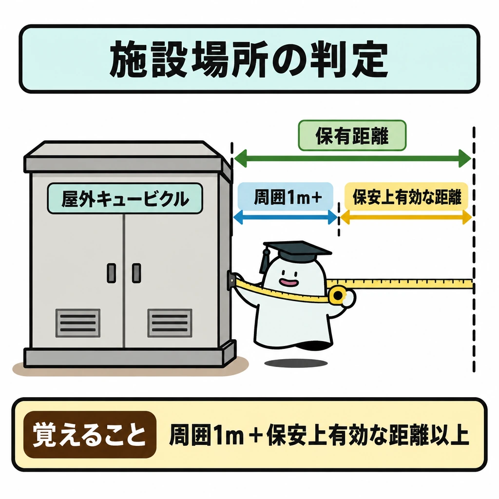 施設場所の判定軸の図解。中央に屋外キュービクルを置き、その外面から右側の破線までを保有距離として示す。距離の帯を「周囲1m+」「保安上有効な距離」の順に並べ、矢印で外向きに測る方向を示す。