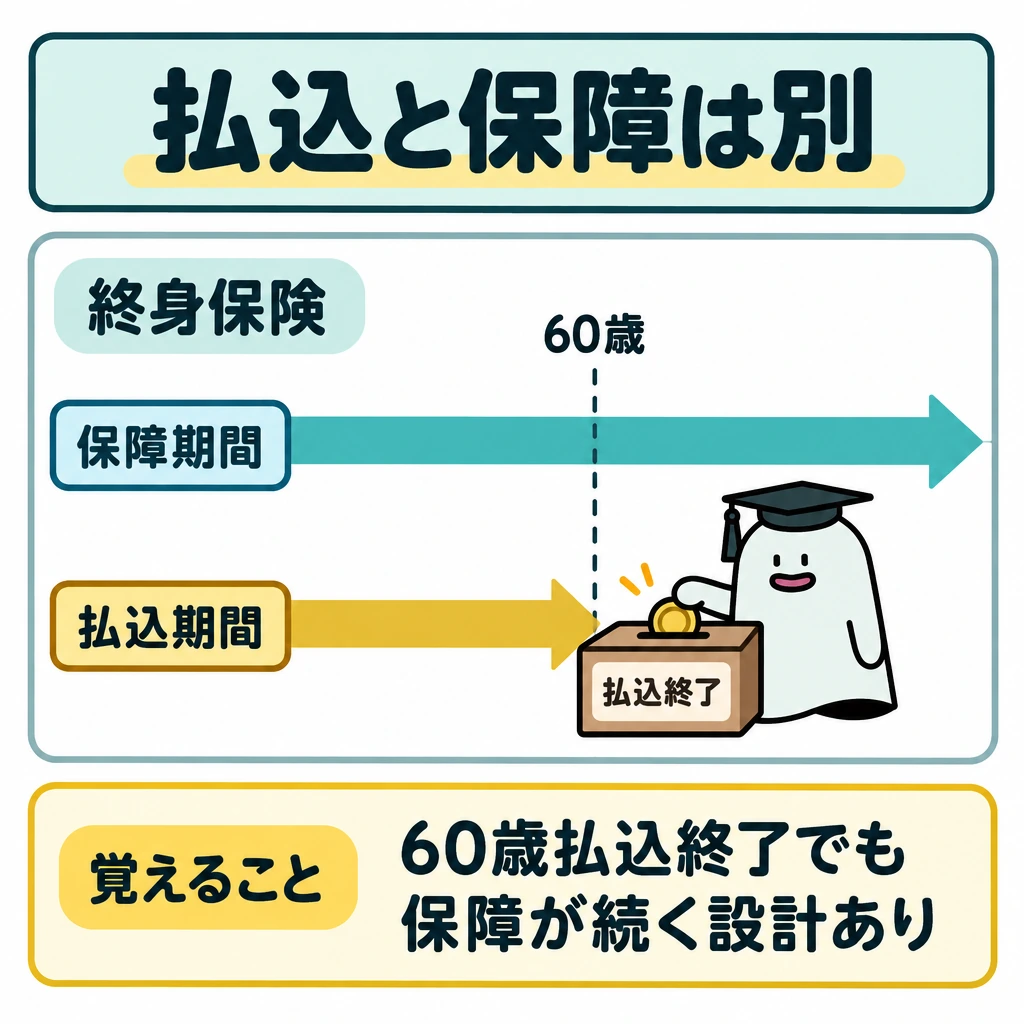 基本の仕組みの図解。終身保険の時間軸を上下2段にし、上の「保障期間」は60歳の縦線を越えて右へ矢印で伸ばす。下の「払込期間」は同じ縦線で止め、60歳で払い終えても保障が続く設計を示す。