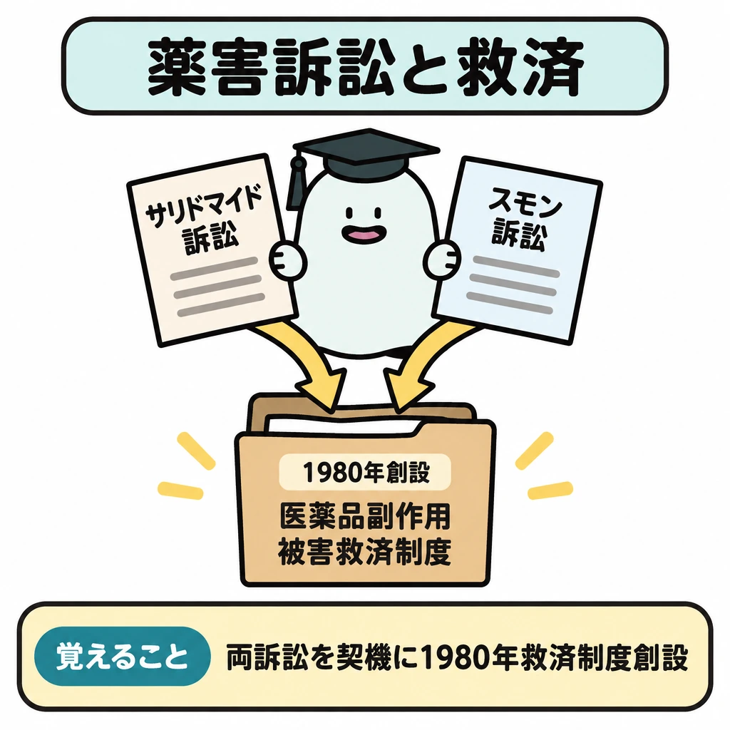 主な薬害訴訟と救済制度の図解。上部の左右に二つの訴訟の書類を置き、矢印を中央で合流させて、下部の「1980年創設」の制度ファイルへつなぐ。左右は時系列ではなく、二つの訴訟がともに創設の契機となった関係を表す。