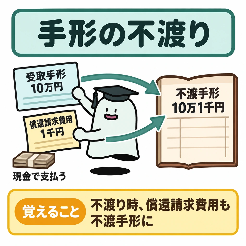 手形・電子記録債権の割引・裏書と不渡りの図解。左に「受取手形10万円」、その下に現金で支払う「償還請求費用1千円」を置き、右の「不渡手形10万1千円」へ2本の矢印で合流させる。左右は仕切らず、一つの振替として描く。