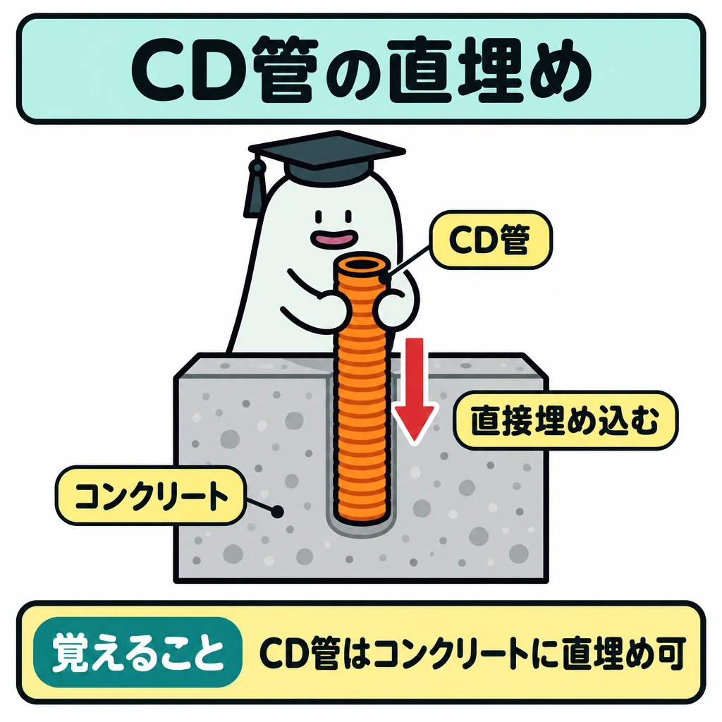 VE・PF・CDの適用の図解。正方形の中央にコンクリートの断面を大きく描き、その内部へCD管が直接入る様子を示す。管の周囲には別の管やダクトを描かず、下向きの矢印で埋め込む動きを示す。