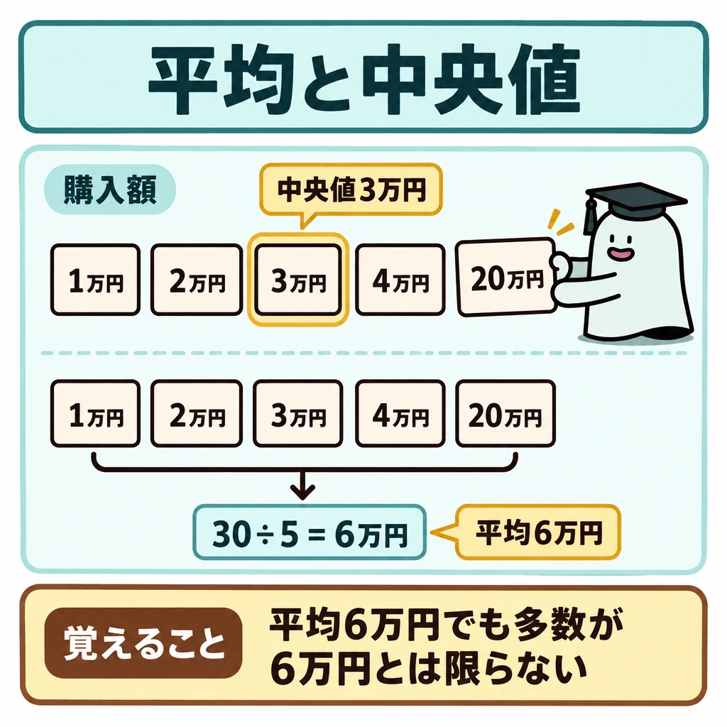 基本の仕組みの図解。上段に購入額のカードを1・2・3・4・20万円の順に横並びにし、中央の3万円を囲む。下段は仕切りで分け、5枚のカードから「30÷5＝6万円」へ矢印をつなぎ、中央値と平均を対比する。
