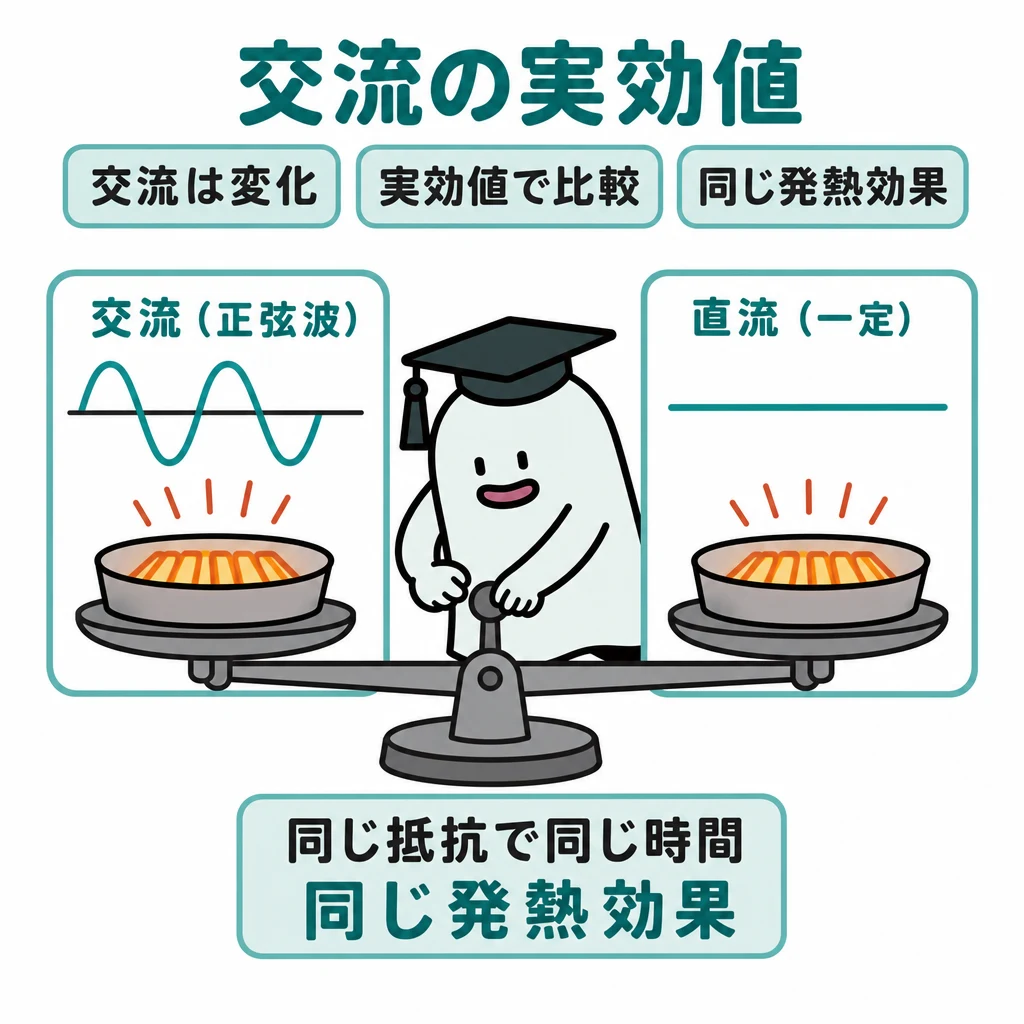 正弦波交流と一定の直流による発熱を天秤で比較し、実効値の意味を示す図。