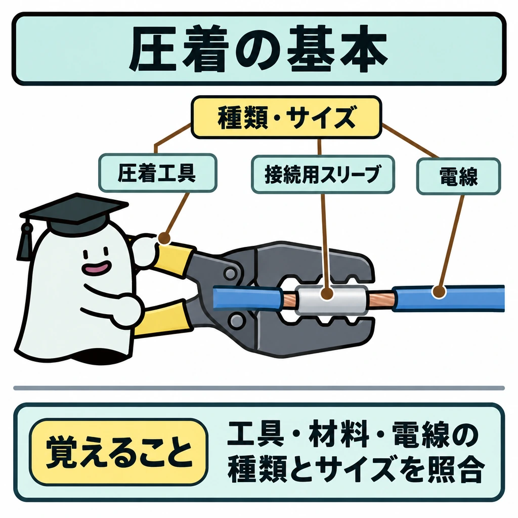 基本の仕組みの図解。中央に電線を入れた接続用スリーブを大きく描き、適合する圧着工具で挟む。上部の「種類・サイズ」から工具・スリーブ・電線へ照合線を引き、下部の結論とは仕切り線で分ける。