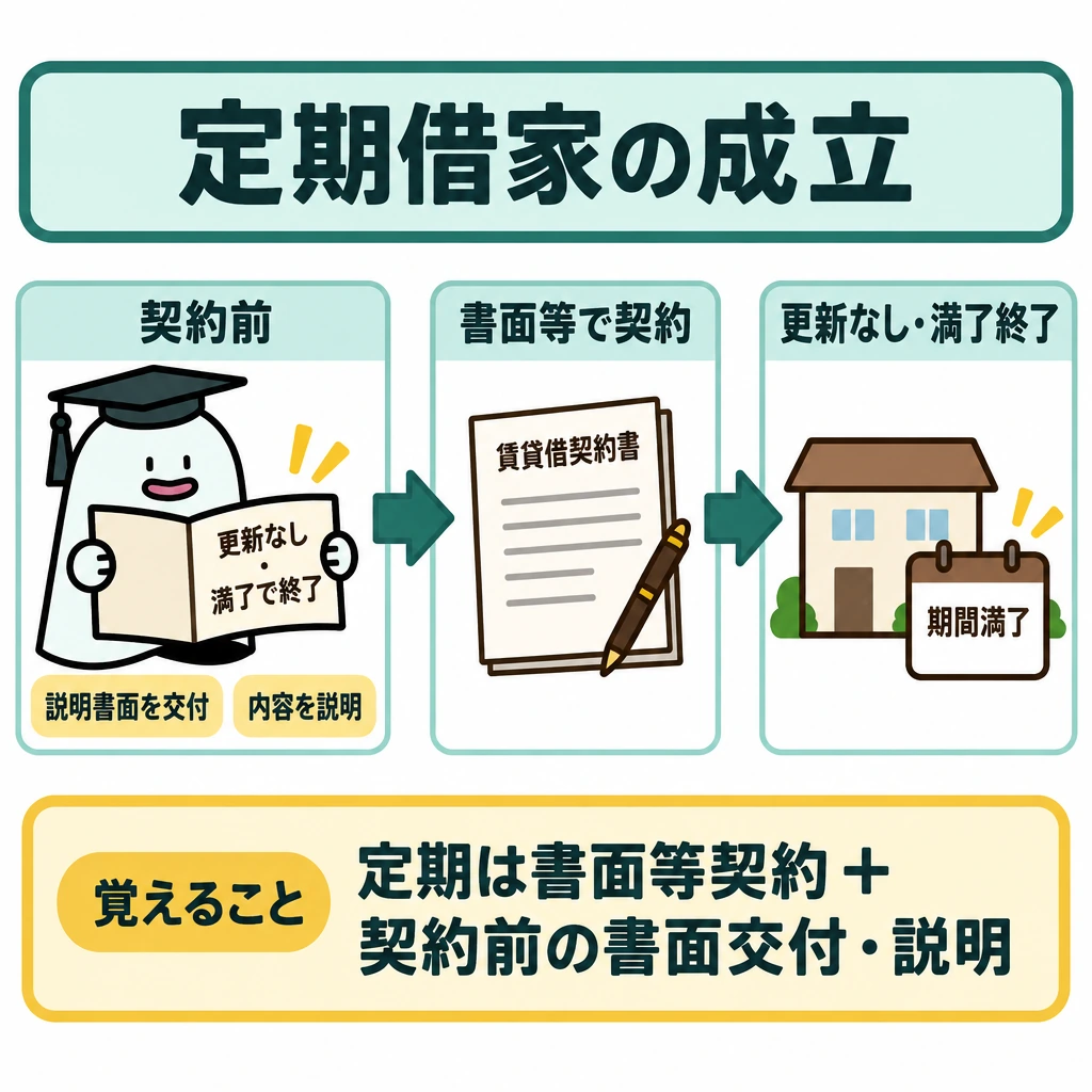 普通借家と定期借家の図解。左から右へ「契約前の説明書面の交付・説明」→「書面等で契約」→「更新なく期間満了で終了」の順に並べ、太い矢印でつなぐ。説明書面には「更新なし・満了で終了」と記す。