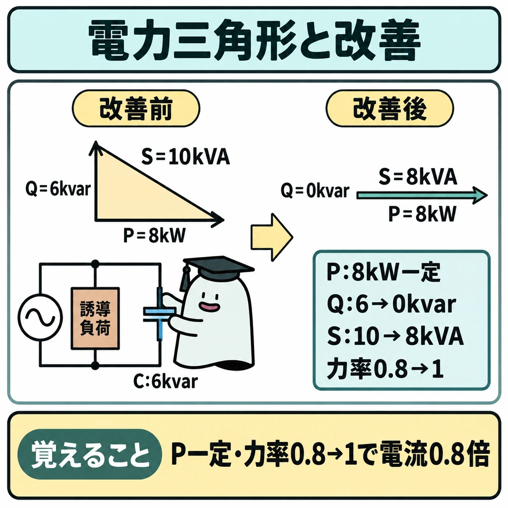 電力三角形と力率改善の図解。中央に改善前の電力三角形を置き、横辺を一定のP=8kW、縦辺をQ=6kvar、斜辺をS=10kVAとする。左の誘導負荷に並列接続したコンデンサから縦辺を打ち消す下向き矢印を描き、改善後は横辺と重なるS=8kVAになることを示す。