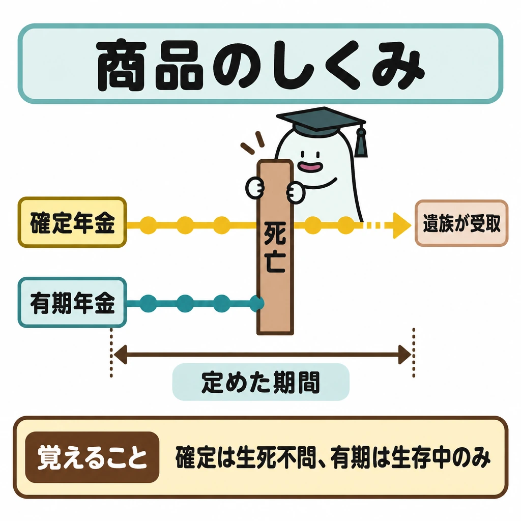 主な商品のしくみの図解。同じ「定めた期間」を横軸に、上段の確定年金と下段の有期年金を並べ、途中に共通の「死亡」線を置く。上段の支払い矢印は死亡線を越えて遺族へ続き、下段は死亡線で止まる。