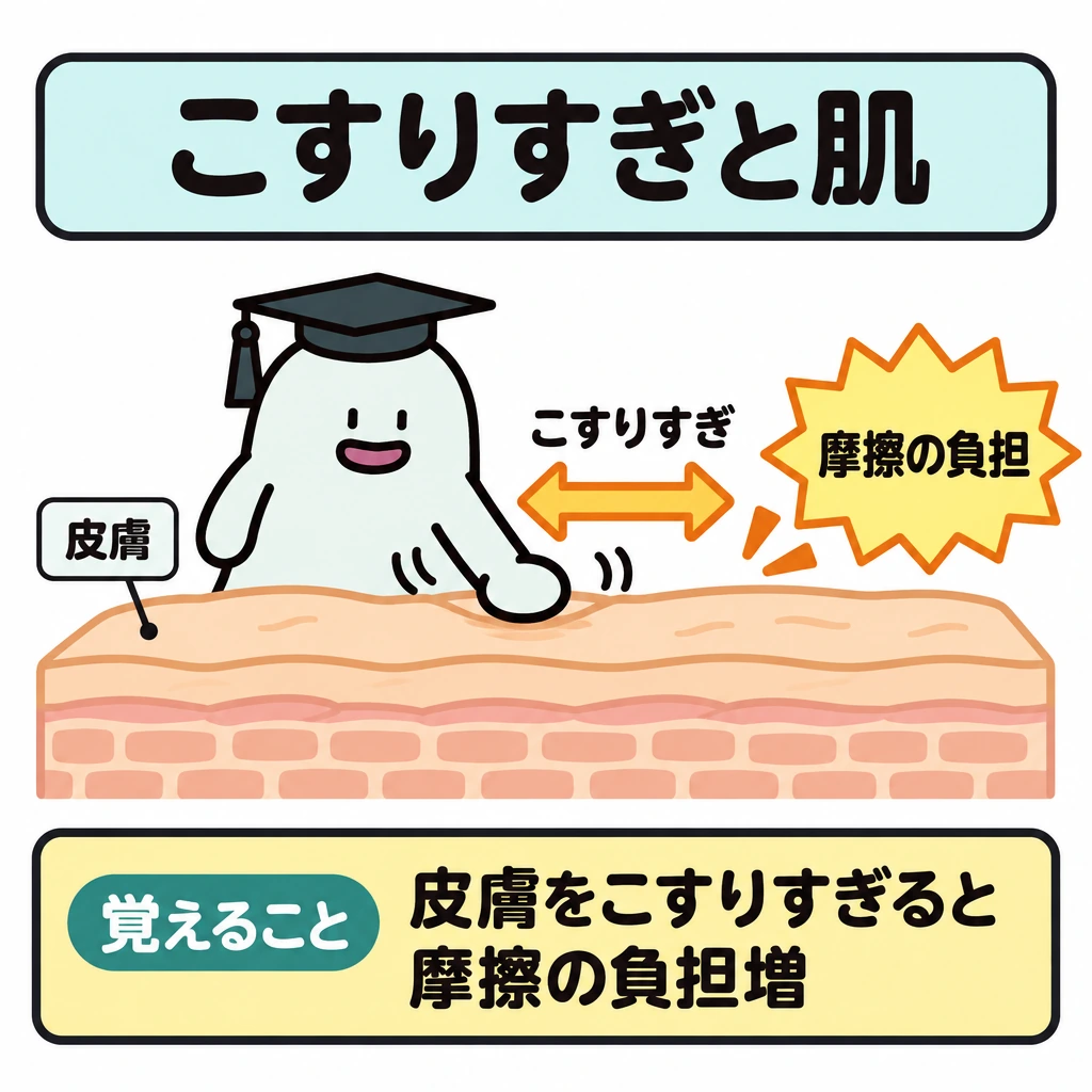 自律神経・運動・摩擦・リンパの図解。中央に皮膚の表面を大きく描き、その上の手の左右往復を矢印で示す。矢印の先に「摩擦の負担」を配置し、こすりすぎによる負担の増加を伝える。