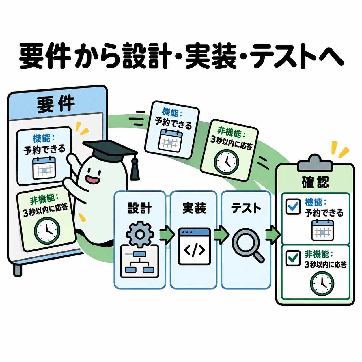 エルくんが予約できる札と3秒以内札を要求ボードへ貼り、その条件を検証ゴールまで運ぶ図。