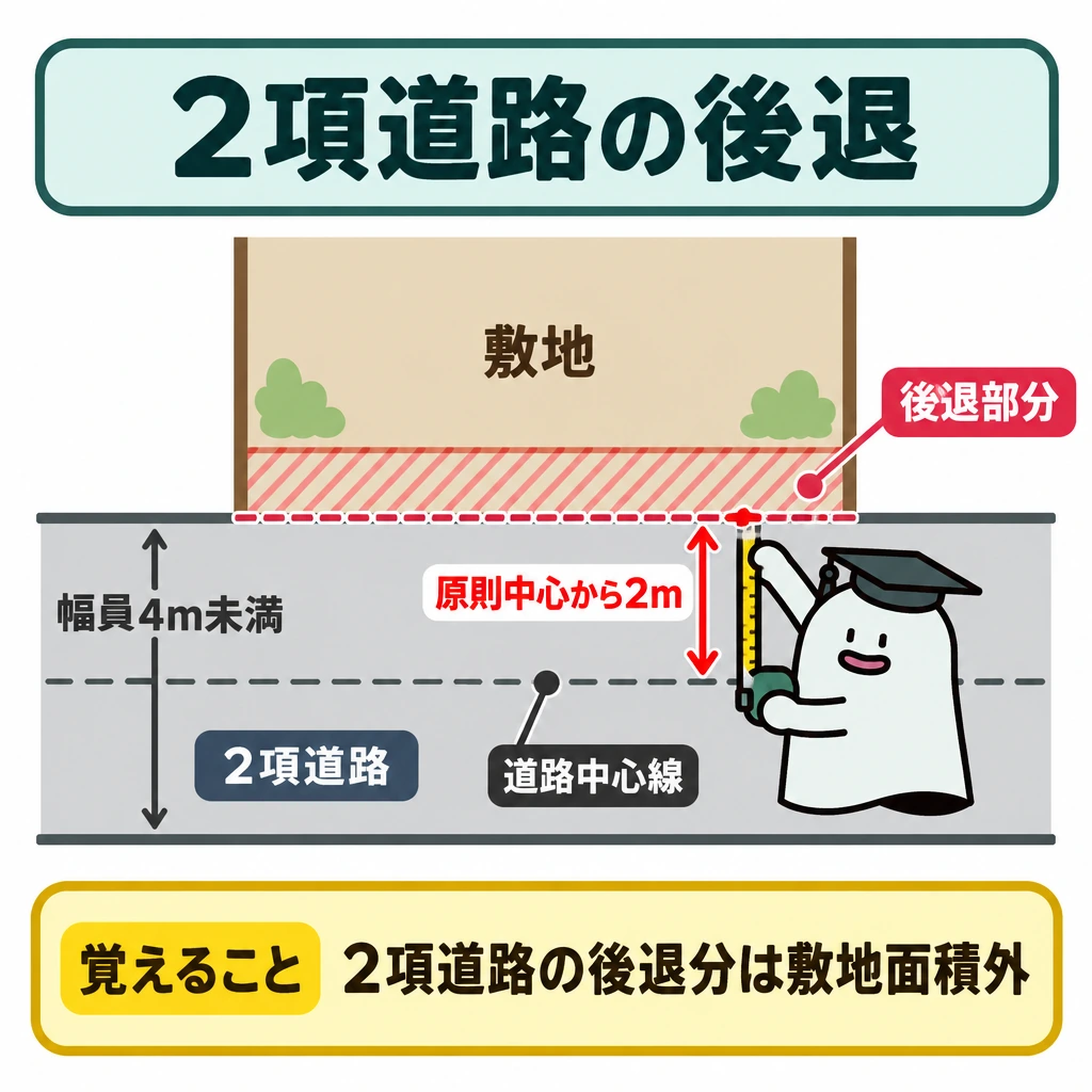 敷地・道路・用途別の判定の図解。下に幅員4m未満の2項道路、上に敷地を描く。道路中心線から敷地側へ原則2mの位置に新しい道路境界線を引き、元の境界との間の後退部分を斜線で示して、敷地面積から除く。