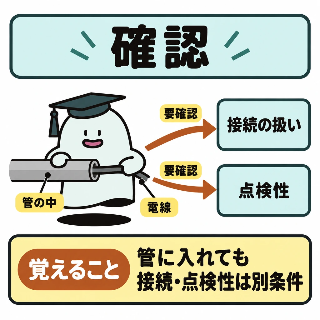 確認の図解。左に電線を通した管、右に「接続の扱い」と「点検性」を上下に分けて配置する。管から右の二項目へそれぞれ「要確認」の矢印を引き、管に入れるだけでは判断できない関係を示す。