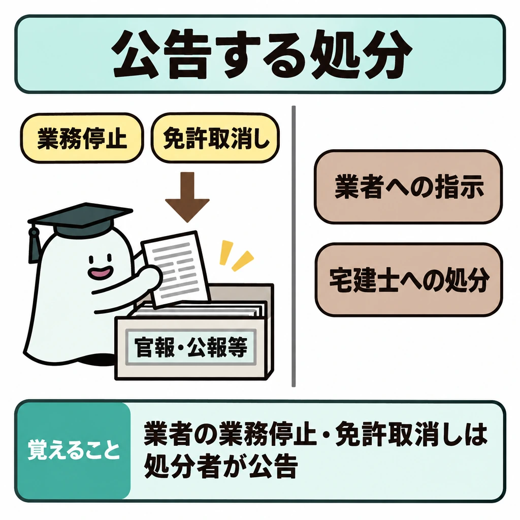 処分手続と刑事罰の図解。中央の縦線で左右に分け、左に「業者の業務停止・免許取消し」から「官報・公報等」への矢印を描く。右には「業者への指示処分・宅建士への処分」を矢印なしで置き、公告の対象外と示す。