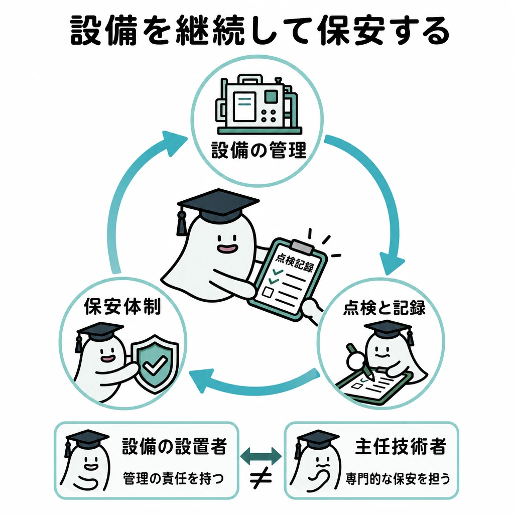設備を継続して保安する。設備・点検記録・責任者の三つが循環する関係。