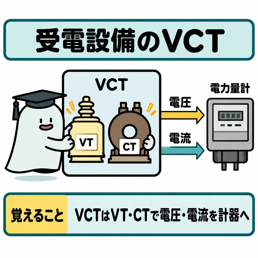 受電設備を構成する機器の図解。左にVCTの模式図を置き、枠内にVTとCTを並べる。VCTから右の電力量計へ向けて「電圧」「電流」の2本の矢印を引く。