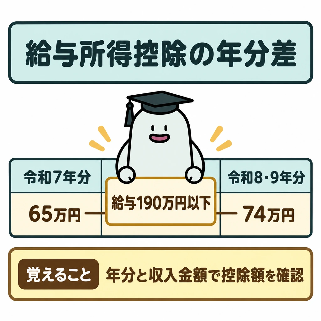 給与所得控除(年分で異なる)の図解。中央に「給与190万円以下」の行を置き、縦の仕切りで左を令和7年分、右を令和8・9年分に分ける。同じ収入金額の行から左右へ線を伸ばし、控除額65万円と74万円を対応させる。