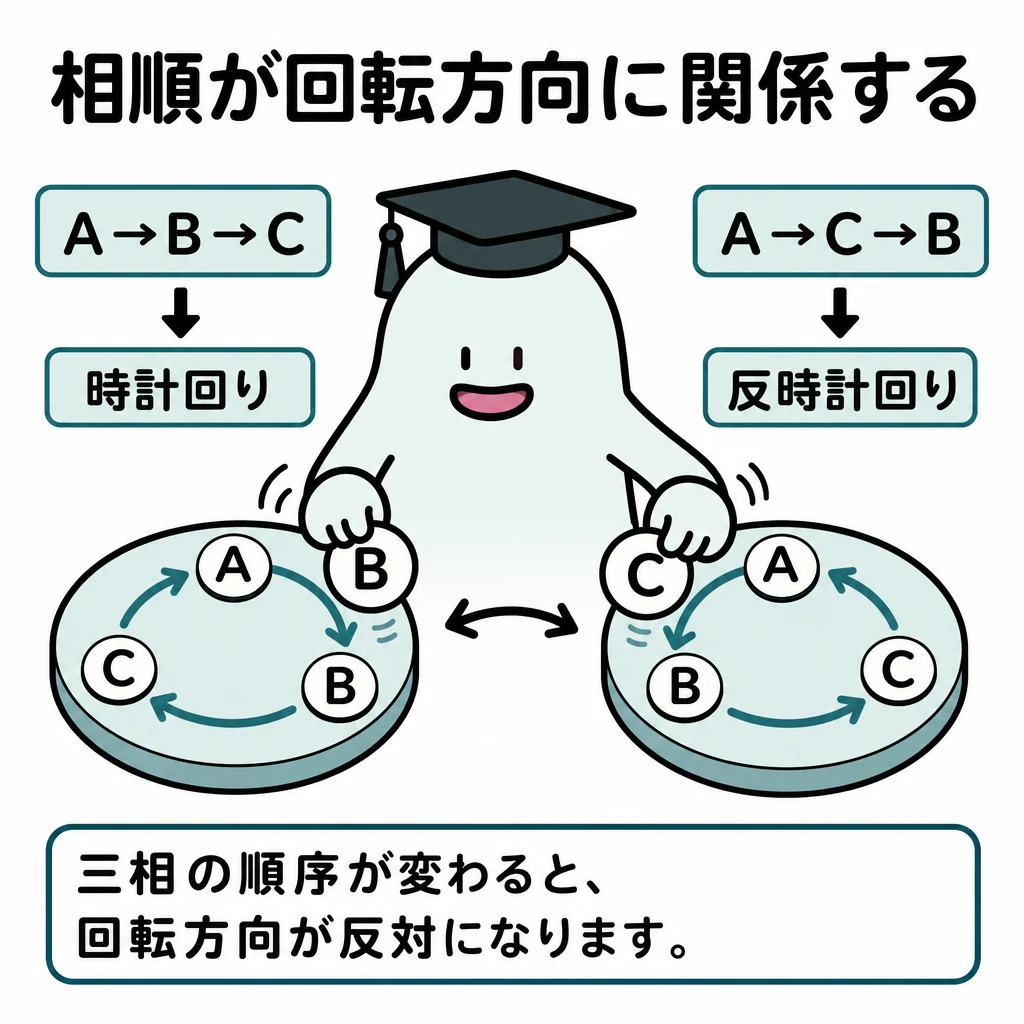 A→B→CとA→C→Bの二つの相順に、互いに逆向きの回転矢印を対応させた図。