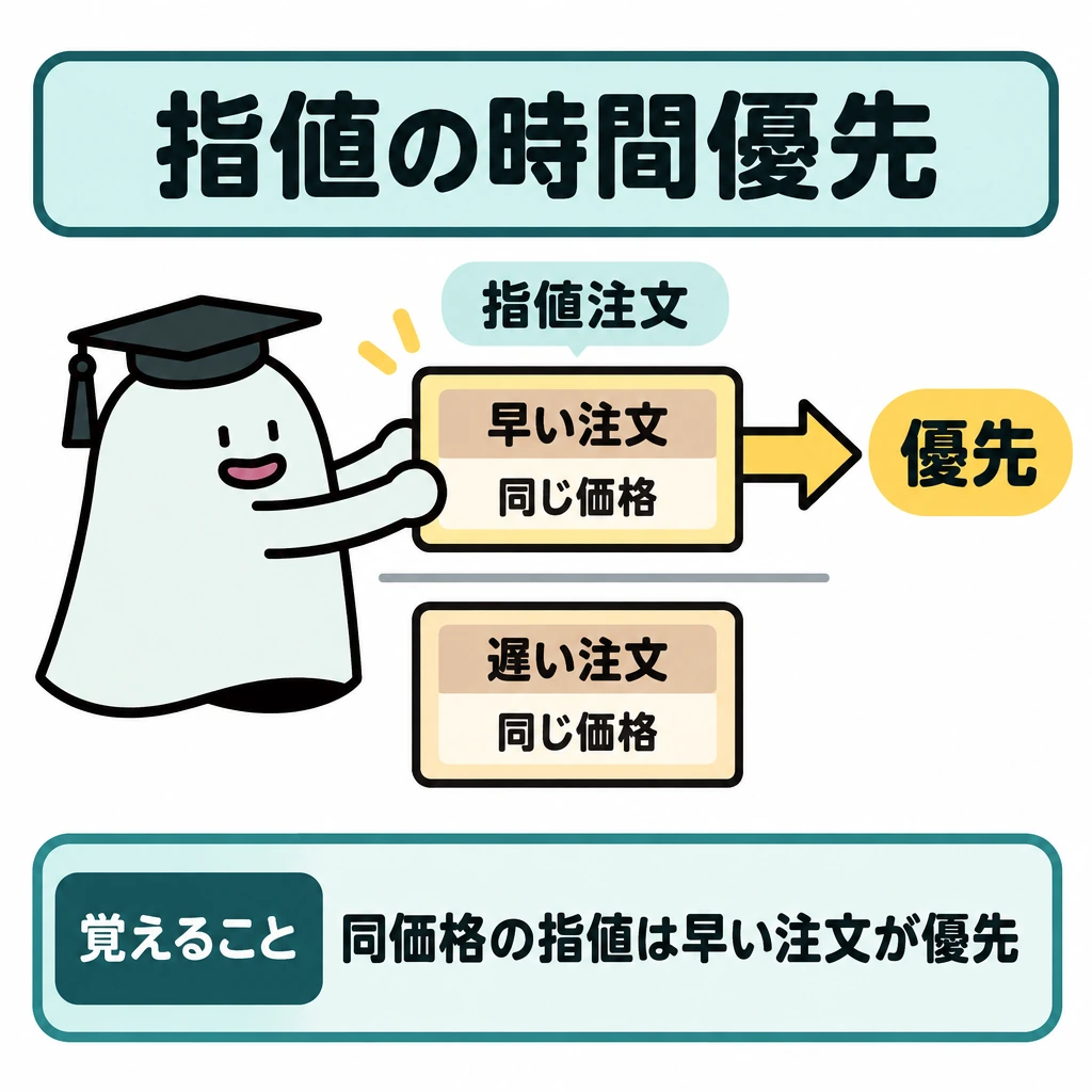 株式指標の計算式と取引のルールの図解。中央に同じ価格の指値注文票を2枚並べ、早い注文を上、遅い注文を下に置く。上の票から「優先」へ矢印を引き、2枚の間を細い仕切り線で区切る。