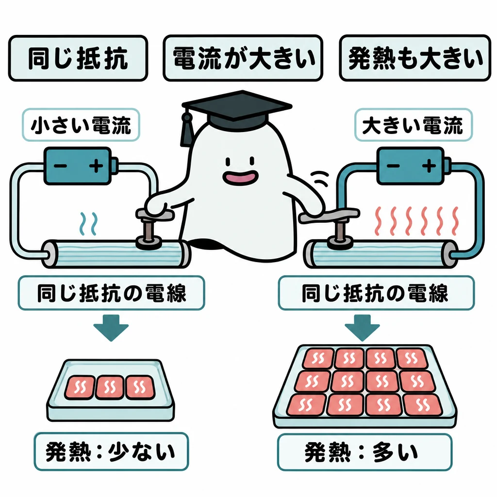 電線の抵抗で熱が生じる。同じ抵抗の電線に小さい電流と大きい電流を流す比較。