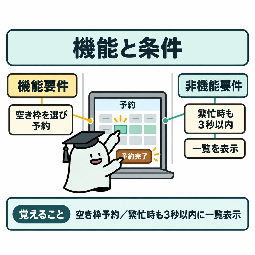 基本の仕組みの図解。中央に予約画面を1つ置き、左側に「空き枠を選んで予約を完了できる」機能要件、右側に「繁忙時も3秒以内に一覧を表示する」非機能要件を、同じ画面へ向かう線で対応づける。左右は細い仕切りで分け、別々の場面にはしない。