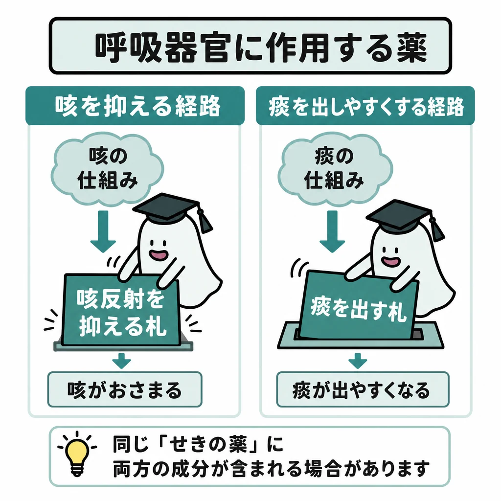 エルくんが説明する図解。咳を抑える経路と痰を出しやすくする経路を二列で示す。