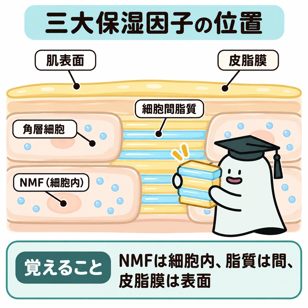 NMF・細胞間脂質・皮脂膜の位置の図解。角層の断面を大きく描き、上端の肌表面に皮脂膜、角層細胞の内側にNMF、細胞どうしのすき間に細胞間脂質を配置する。細胞間脂質は脂質と水の層が交互に重なる形で示し、3つの位置を細い境界線で区別する。