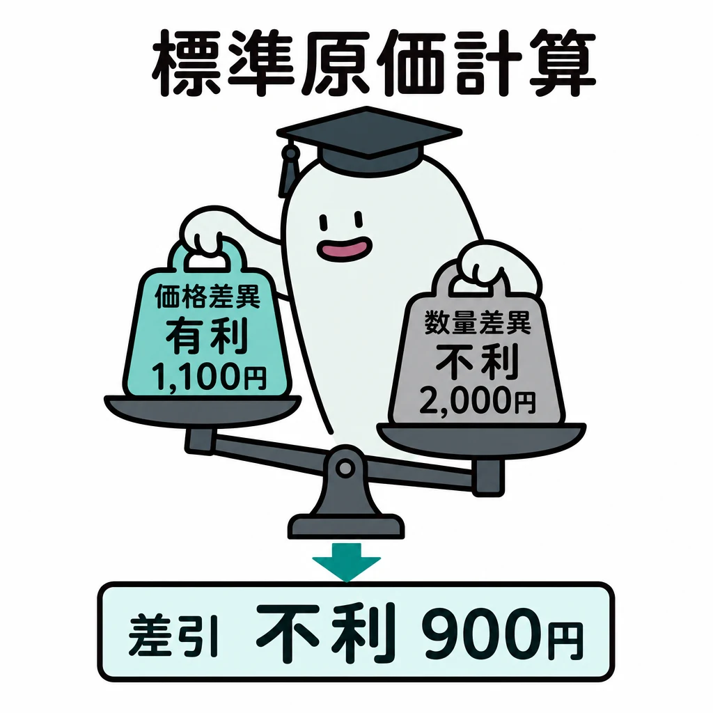 エルくんが説明する図解。価格有利1100と数量不利2000を合成し不利900にする天秤。