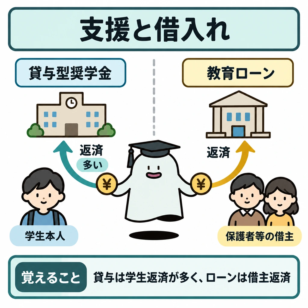 支援と借入れの役割の図解。中央の縦線で左右を仕切り、左に貸与型奨学金、右に教育ローンを置く。左は学生本人から、右は保護者等の借主から、それぞれの手段へ向かう「返済」の矢印を描き、左には「多い」と添える。