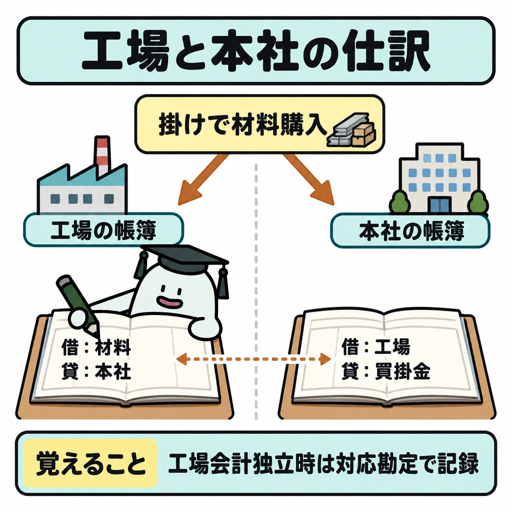 工場と本社の費用を区別するの図解。上部の「掛けで材料購入」から矢印を左右に分け、縦の仕切りの左に工場の帳簿、右に本社の帳簿を置く。左に「(借)材料/(貸)本社」、右に「(借)工場/(貸)買掛金」を記し、両帳簿の「本社」と「工場」を点線で対応づける。