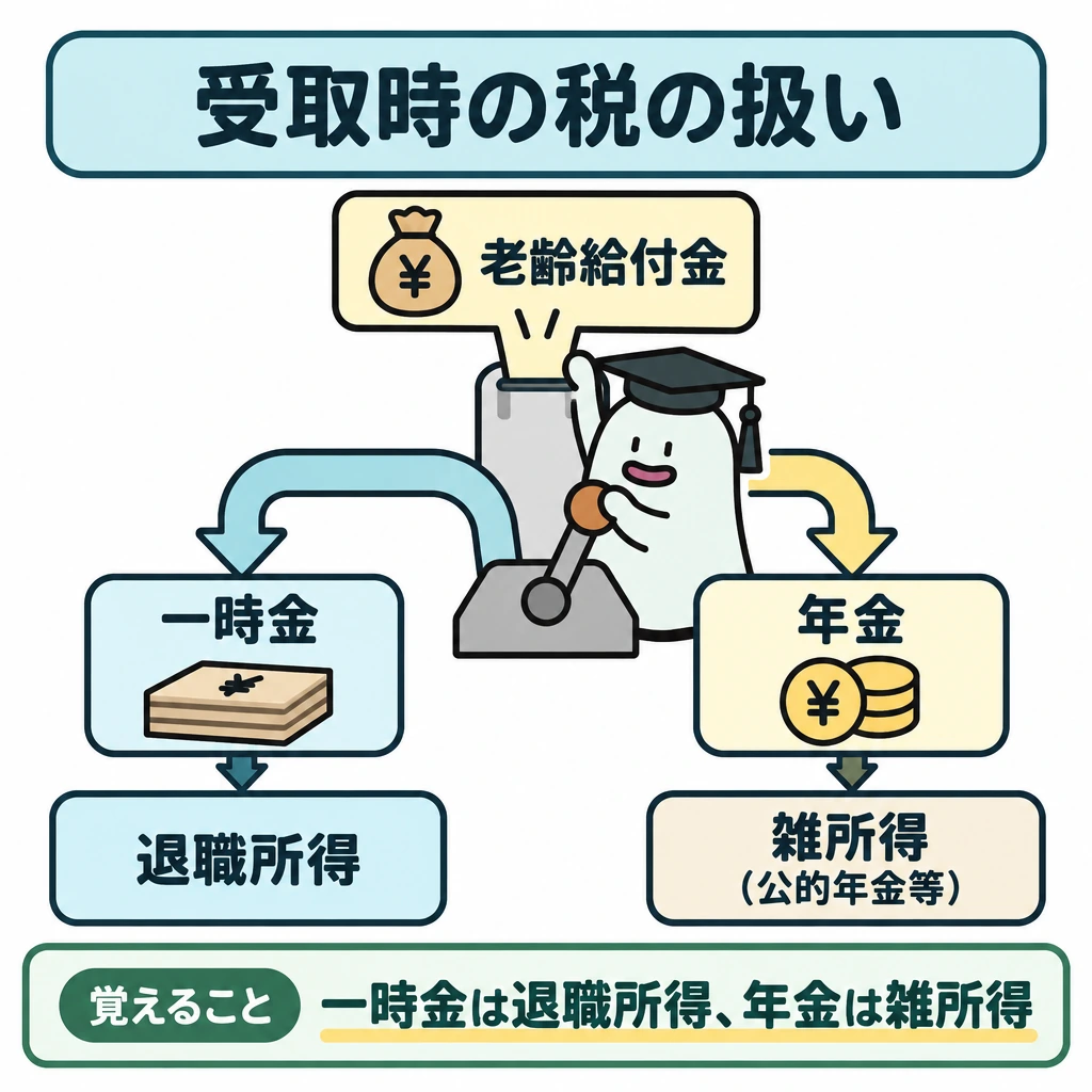 加入区分ごとの上限と税の扱いの図解。上部中央の「老齢給付金」から矢印を左右に分岐させ、左は「一時金」→「退職所得」、右は「年金」→「雑所得(公的年金等)」と配置する。中央の仕切りで、受取方法によって税の扱いが異なることを示す。
