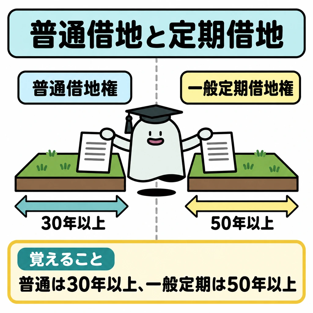 普通借地と定期借地の図解。中央で縦に仕切り、左に普通借地権、右に一般定期借地権を配置する。それぞれの土地の下に存続期間を示す横矢印を置き、左を「30年以上」、右を「50年以上」と明記する。