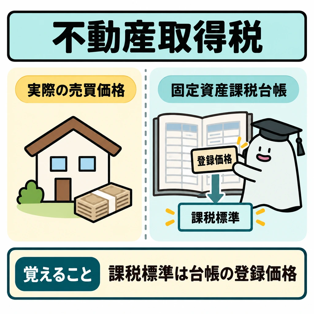 不動産取得税の図解。画面中央を縦に仕切り、左に「実際の売買価格」、右に開いた「固定資産課税台帳」を置く。右の台帳にある「登録価格」から下部の「課税標準」へ矢印を引き、左からは矢印を引かない。
