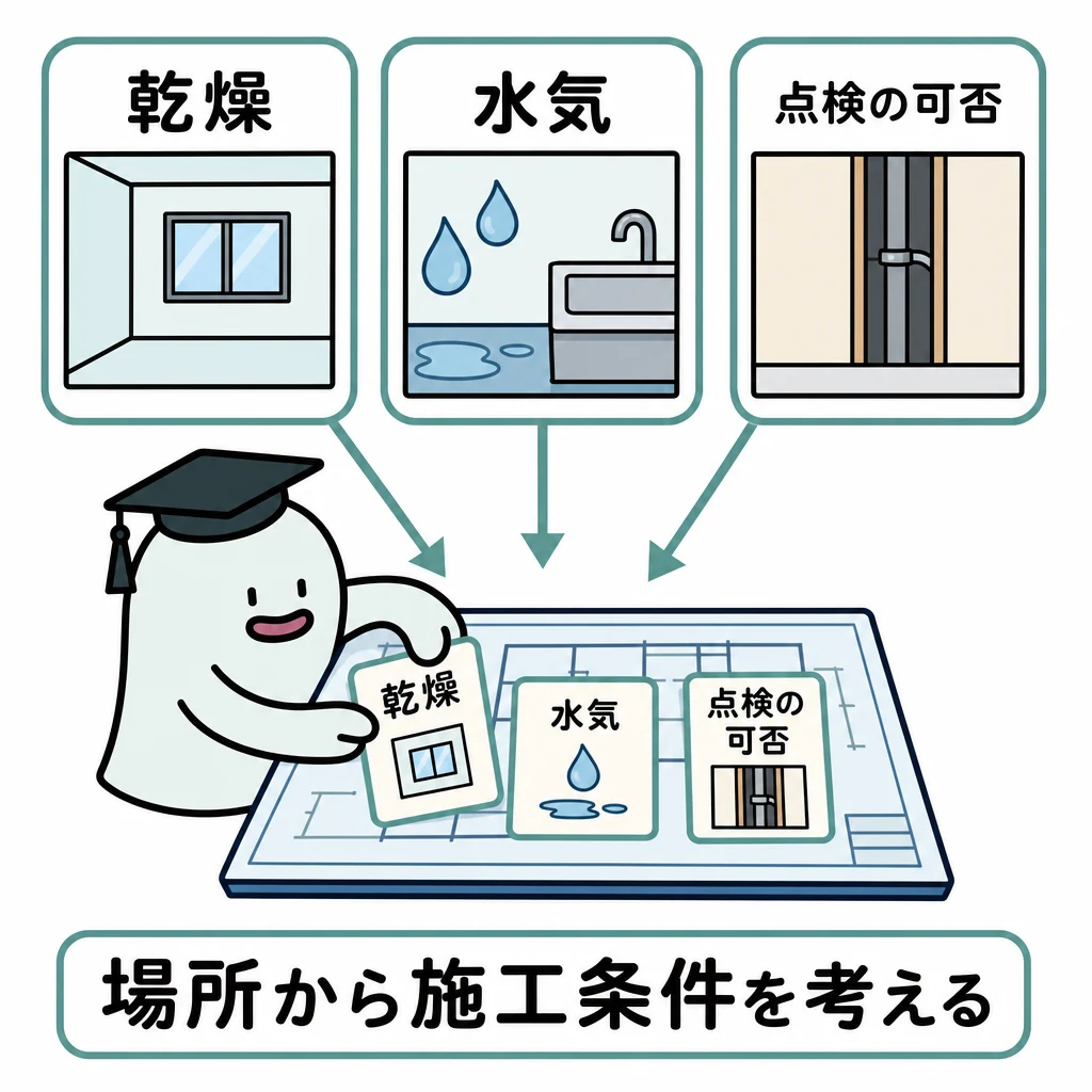 場所から施工条件を考える。乾いた室内、水滴のある場所、点検できない壁内を三つの明確な枠に分ける。