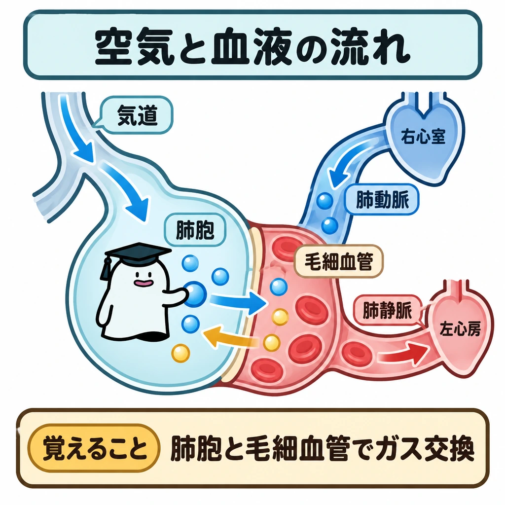 空気と血液の二つの流れの図解。左上から気道を通る空気の矢印を中央の肺胞へ、右側には右心室→肺動脈→肺胞に接する毛細血管→肺静脈→左心房の血液の矢印を描く。肺胞と毛細血管は薄い境界で仕切り、その境界をまたぐ酸素・二酸化炭素の交換を示す。