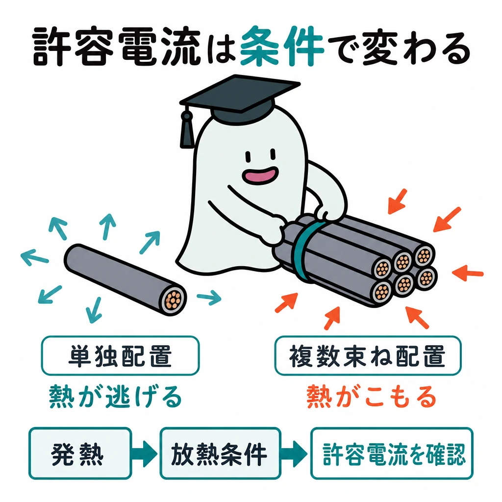 許容電流は条件で変わる。同じ断面の電線の単独配置と複数束ねた配置を比較。