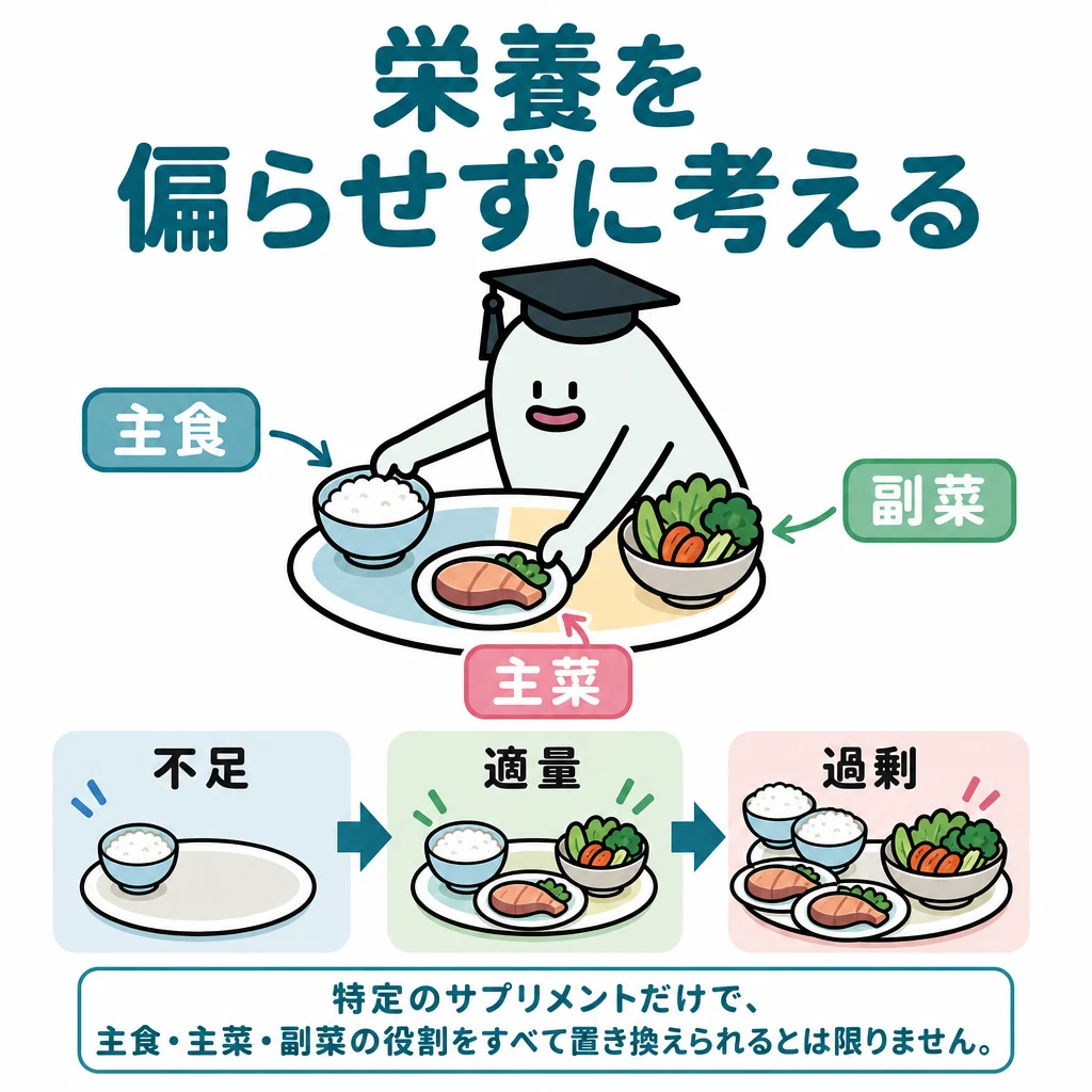 エルくんが説明する図解。主食/主菜/副菜の組合せと、不足/適量/過剰の三段階。