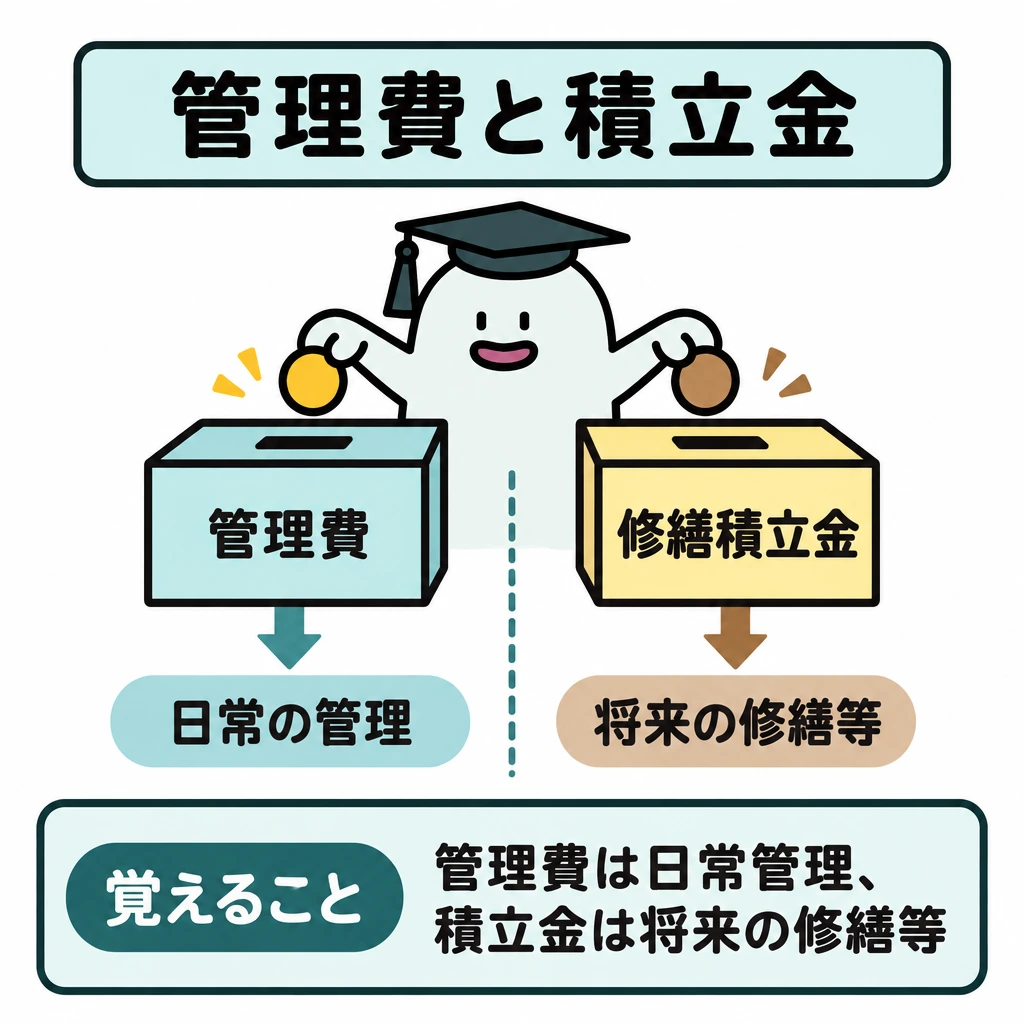基本の仕組みの図解。正方形の中央に縦の仕切りを置き、左に管理費、右に修繕積立金の箱を並べる。各箱から下向きの矢印を引き、左は日常の管理、右は将来のまとまった修繕等につなぐ。