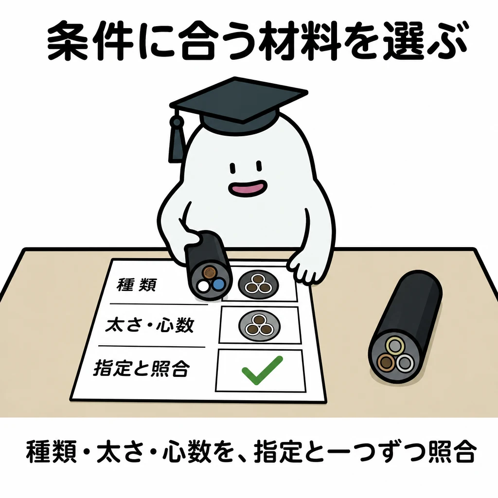 机に置いた条件書へケーブルの断面模型を合わせ、種類・太さ・心数を照合する図。