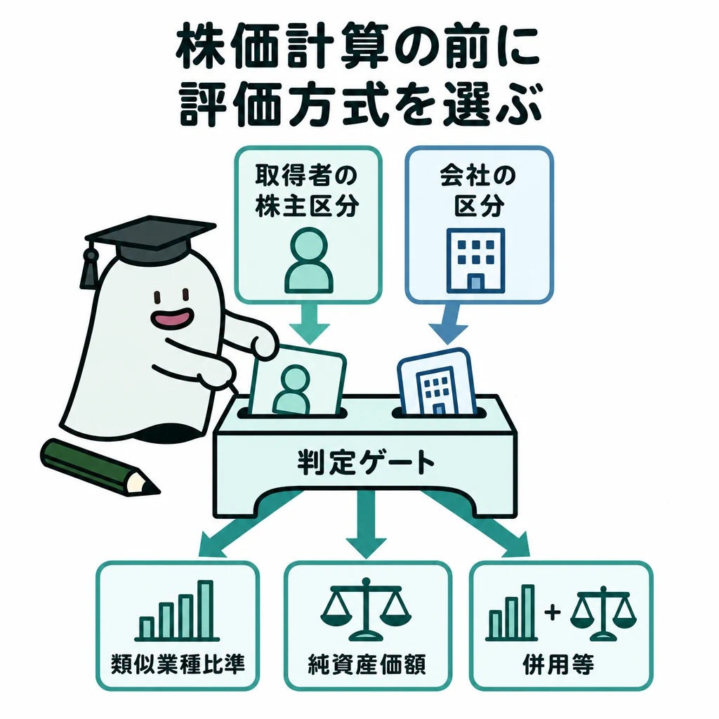 取得者の株主区分と会社の区分を判定してから非上場株式の評価方式へ進む図