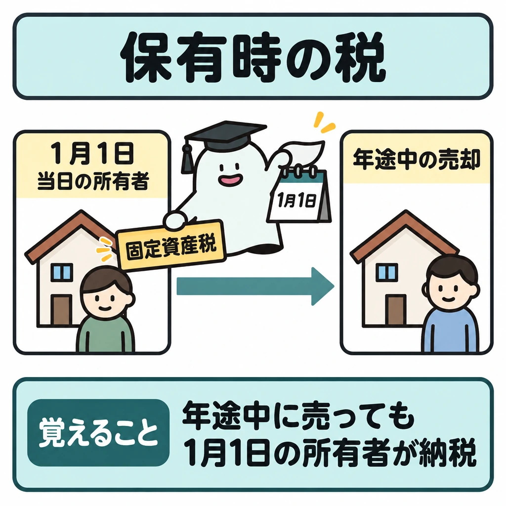 保有時の税の図解。左に1月1日の所有者、右に年途中の売却を置き、横矢印で時間の流れを示す。下段では固定資産税の納税義務を左の所有者に結び、売却後も移動しないことを示す。