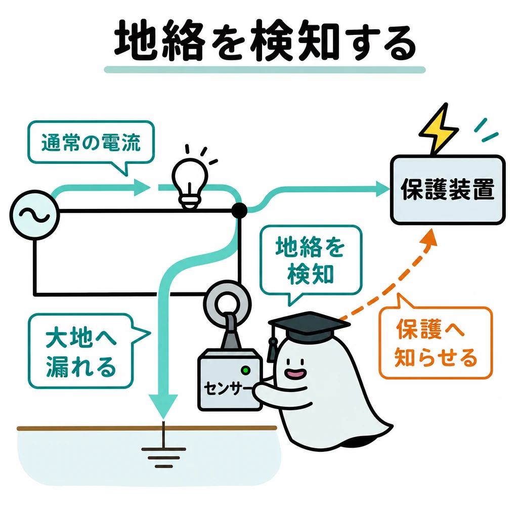 地絡を検知する。回路の途中から電流の一部が大地へ逃げる矢印。